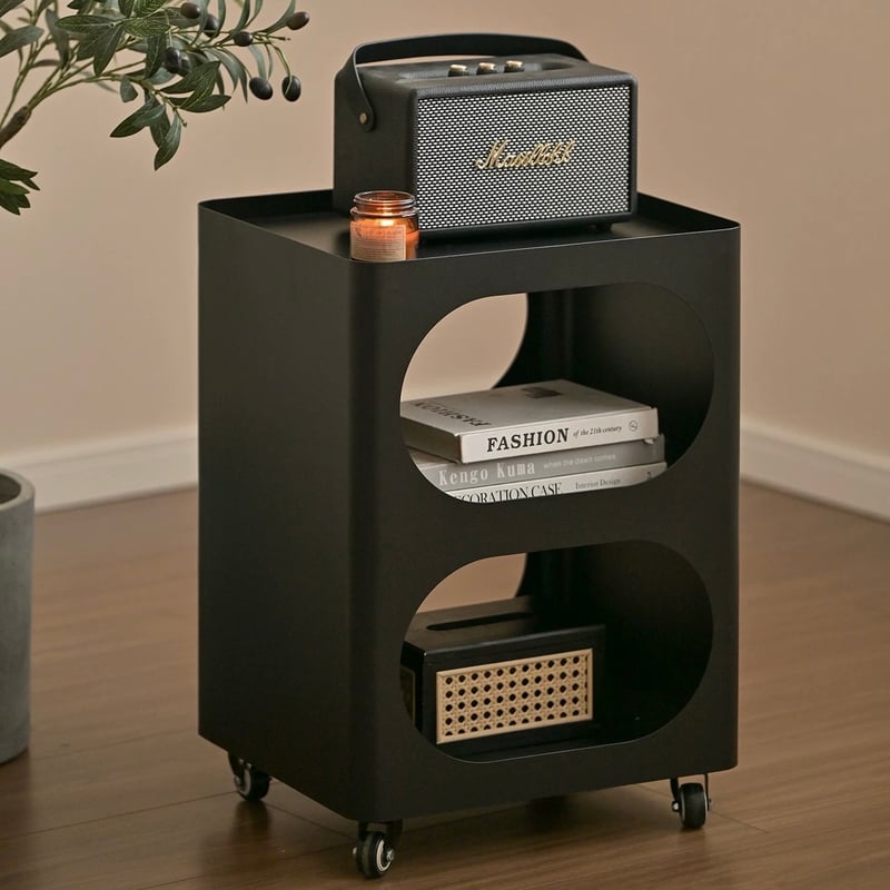 キャスター付 アイアン オープン 収納 2段 サイドテーブル 全2色