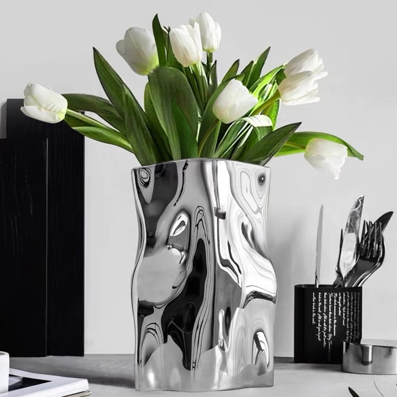 シルバーカラー 縦長 セラミック フラワーベース 花瓶 | 70PARK