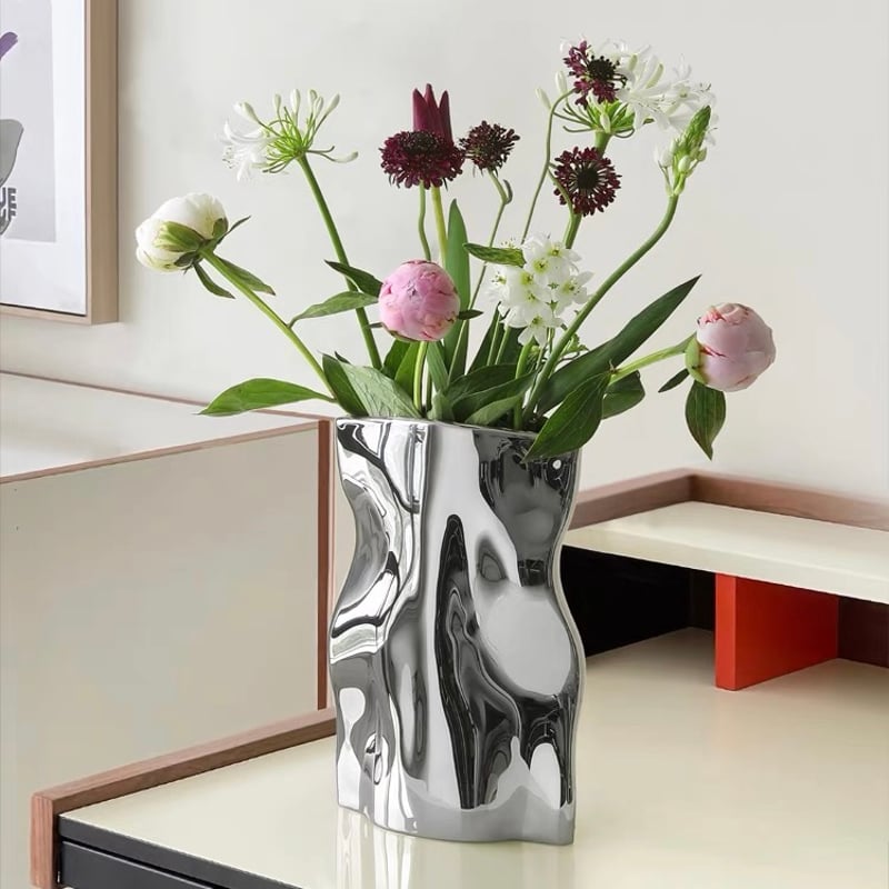 シルバーカラー 縦長 セラミック フラワーベース 花瓶 | 70PARK