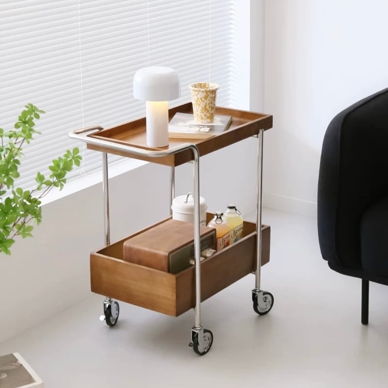 ウッド ステンレス キャスター付き サイドテーブル 二段 収納 ラック
