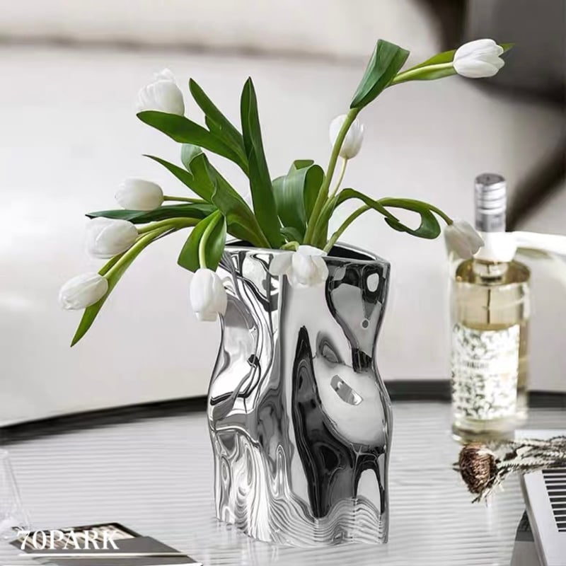 シルバーカラー 縦長 セラミック フラワーベース 花瓶 | 70PARK