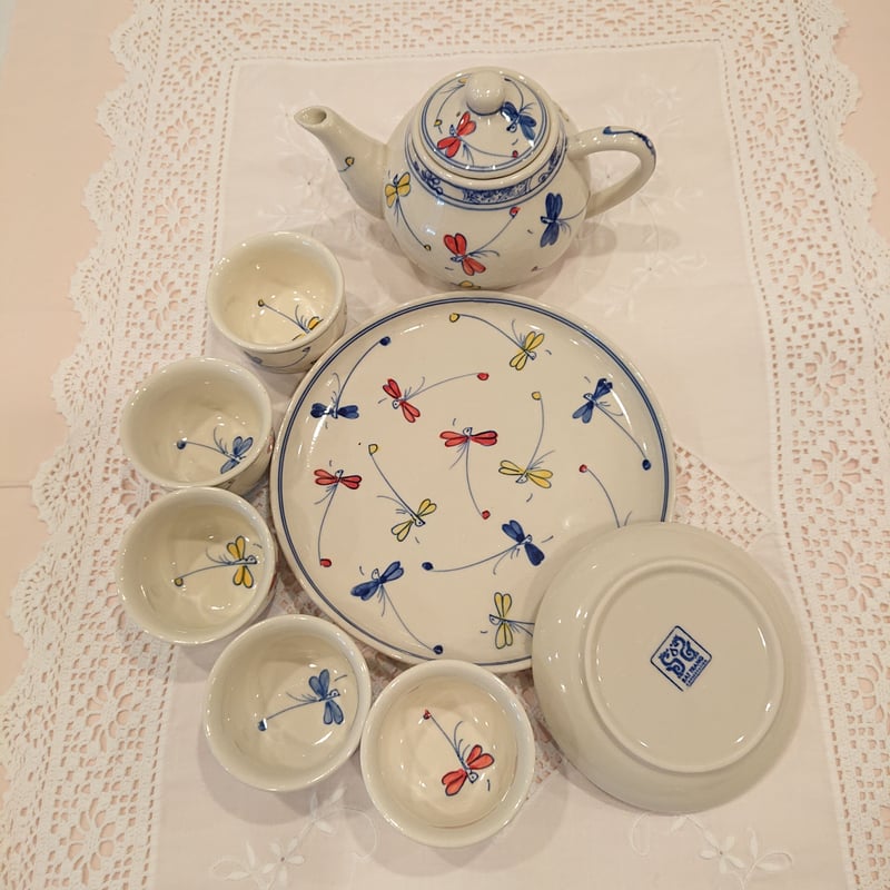 ベトナム バッチャン焼き 茶器セット 幸せを運ぶとんぼ絵 青 | Ethnic