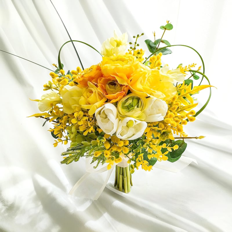 高級造花 ウェディングブーケ/ミモザ チューリップ ラナンキュラス 春