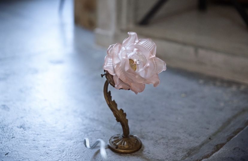 アンティークランプ フランスアンティーク ピンクシェード 一輪の花