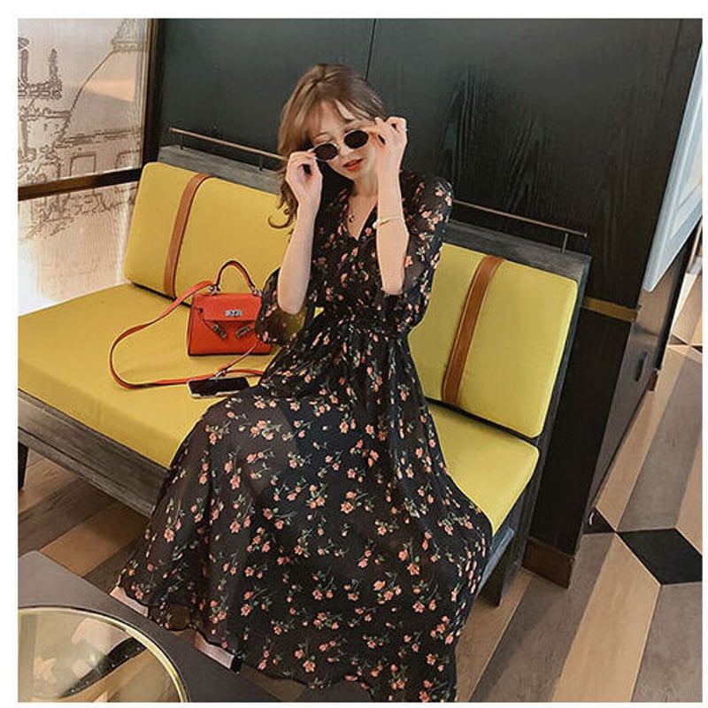 ワンピース 花柄紋様 Vネック 五分袖 カジュアル ヤングミセス