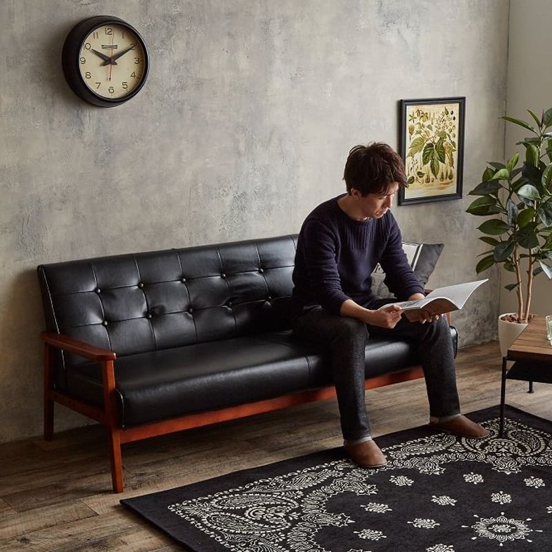 3人掛け ソファー ビンテージ調 レザーソファ 〈 レトロ風×ウッド