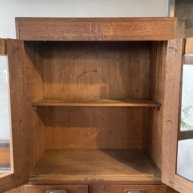 小さめのガラス棚 食器棚 小抽斗 木製 昭和初期 収納 古道具