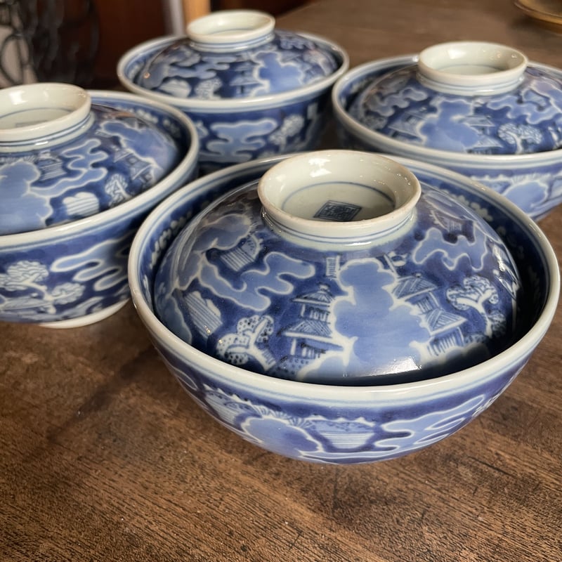 染付 茶碗 蓋付き 手描き 骨董 磁器 蓋付茶碗 お茶碗 和食器