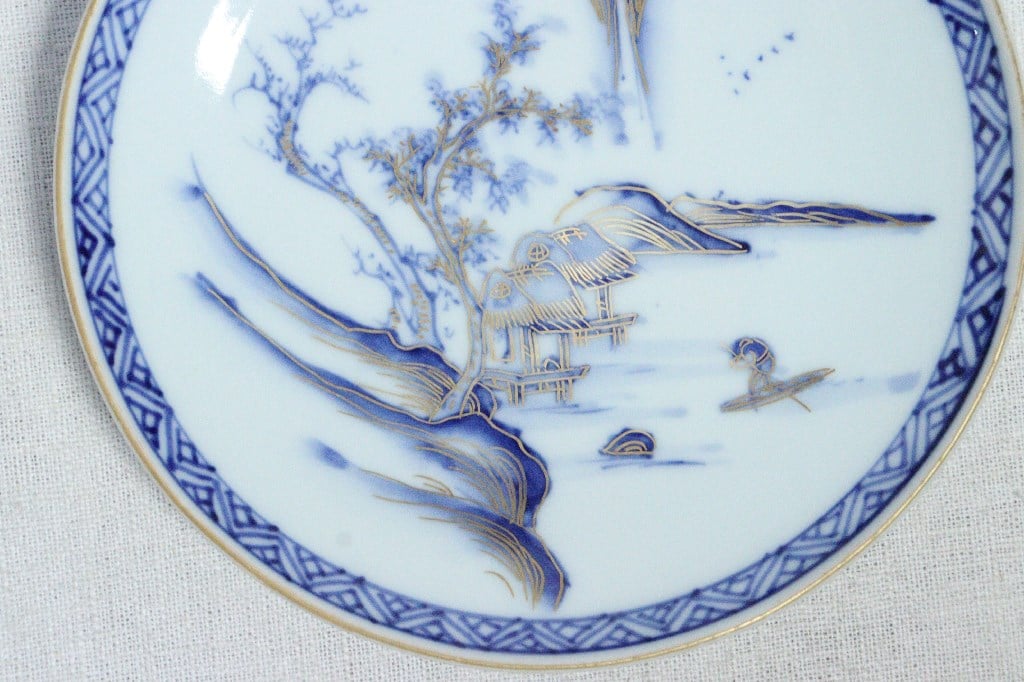 明治前期九谷焼金彩染付山水図通り物6寸皿 | 吉祥寺PukuPuku