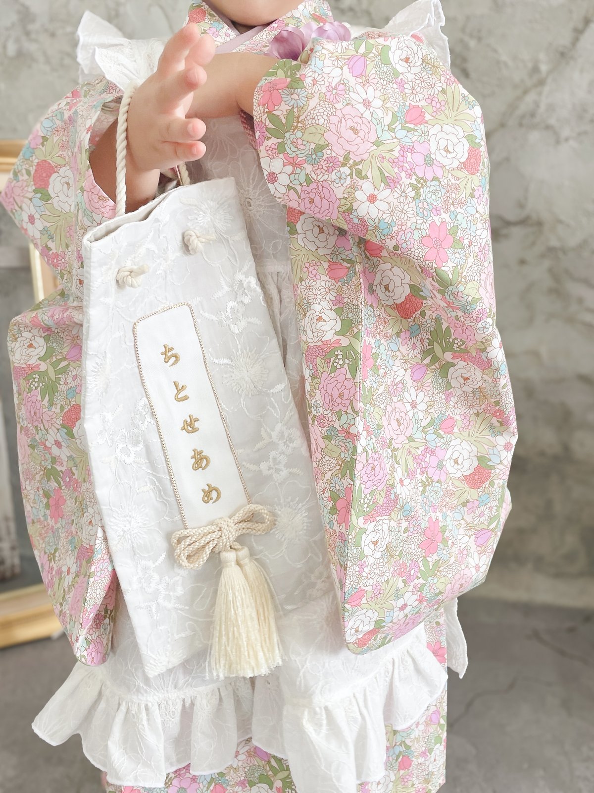 moco moco powan もこもこぽわん　七五三　着物　被布コート 3歳 七五三着物3歳> 花柄ピンク×刺繍レース | moco moco powan