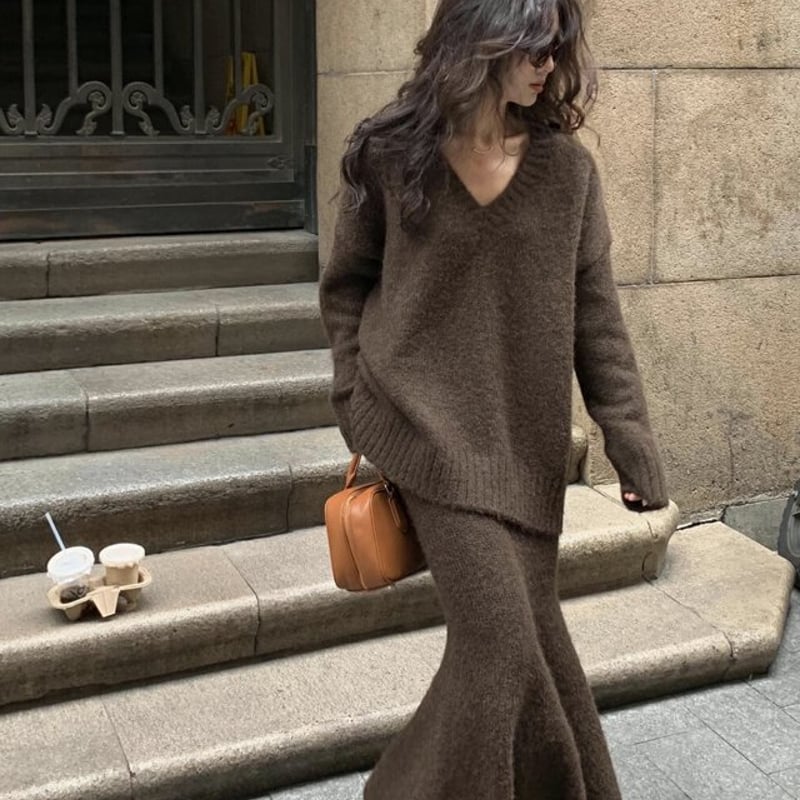 セットアップ】Vネックニット＋ニットスカート ニットアップ set up