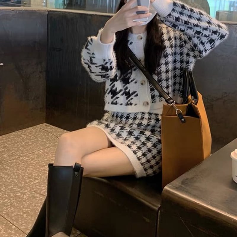 セットアップ】チェック柄 カーディガン＋ミニスカート SET UP ニット