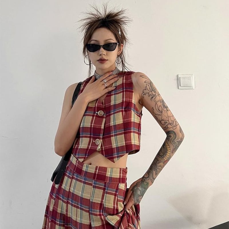 セットアップ】チェック柄 ベスト＋ロングスカート ジレ スカート