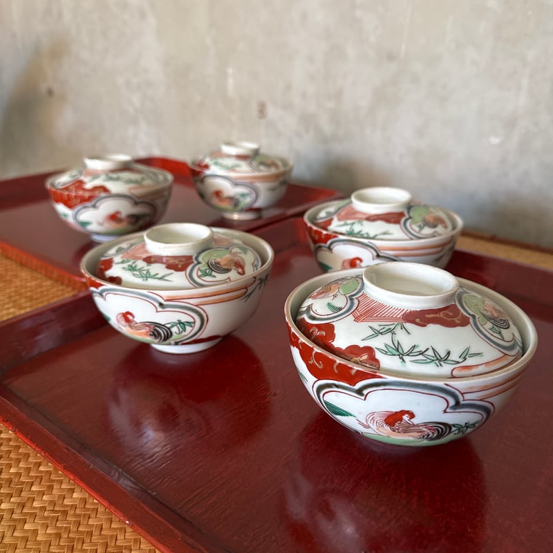 古伊万里 色絵窓絵鶏図 蓋茶碗 5客セット | Kaikaroman ONLINE STORE