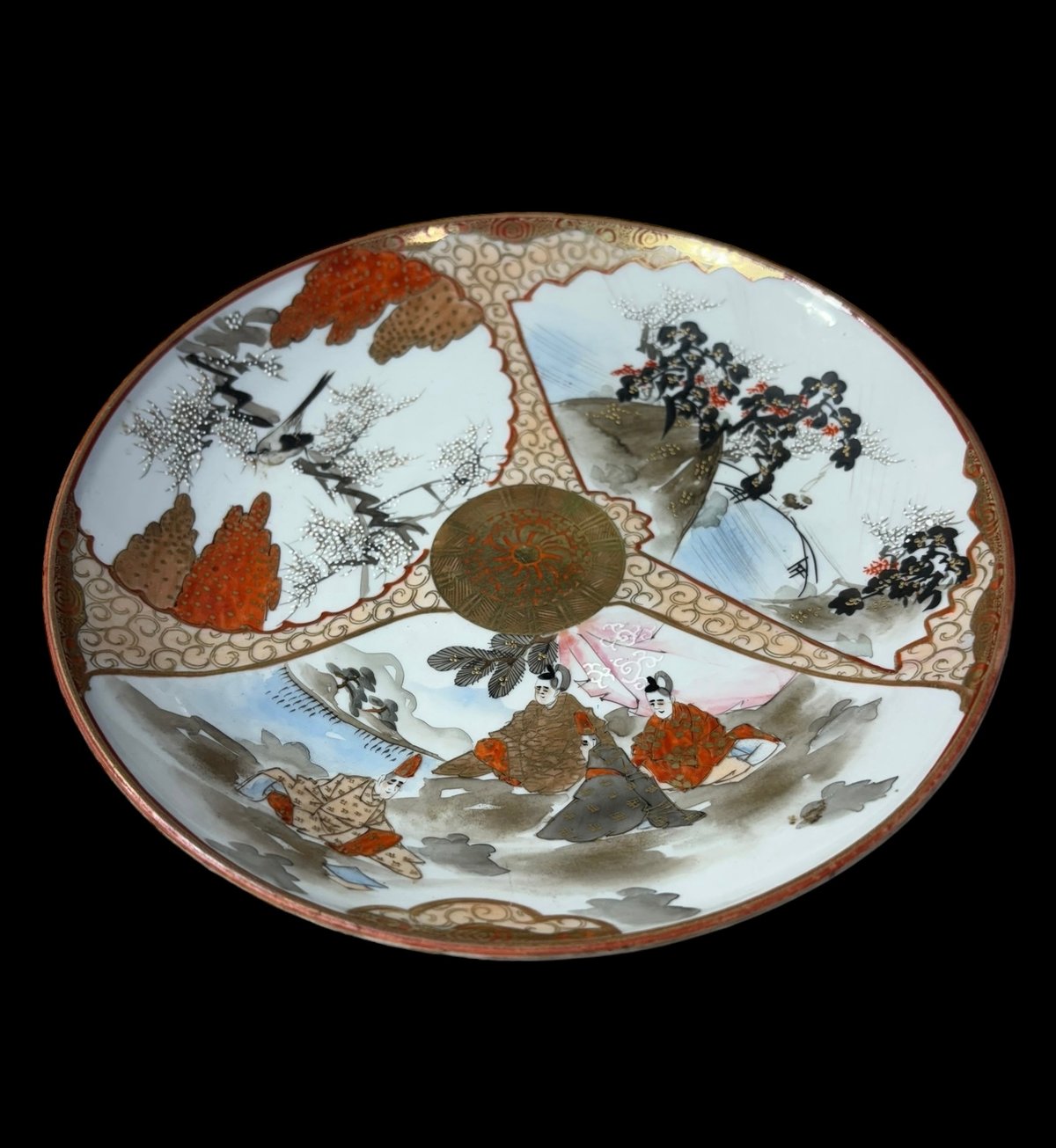 希少!!】九谷造 色絵 金彩 [松竹梅鳥文風景窓絵 粉彩人物絵] 大皿 平皿