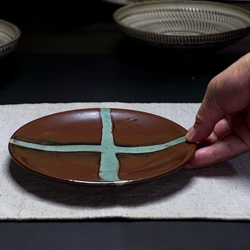 和食器 益子焼 大皿 18cm 柿釉 十字紋 | うつわの店 クラフトなかつか