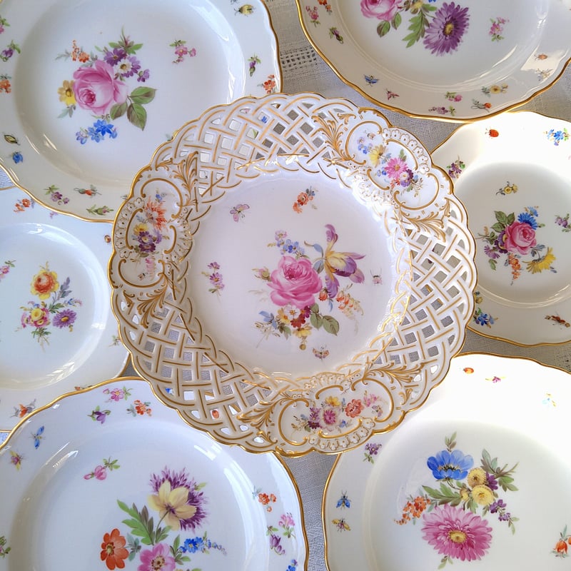 1924年以前Meissenマイセンオープンワークとドイツフラワー金彩の