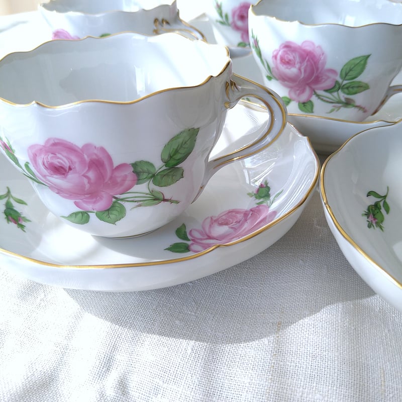 MeissenマイセンRoteRose🌹ピンクローズのコーヒーカップソーサー1975