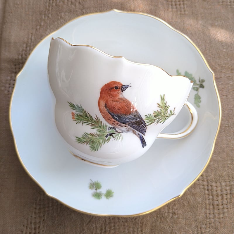 Meissenマイセン1970年頃ドイツの鳥イスカのコーヒーカップソーサー