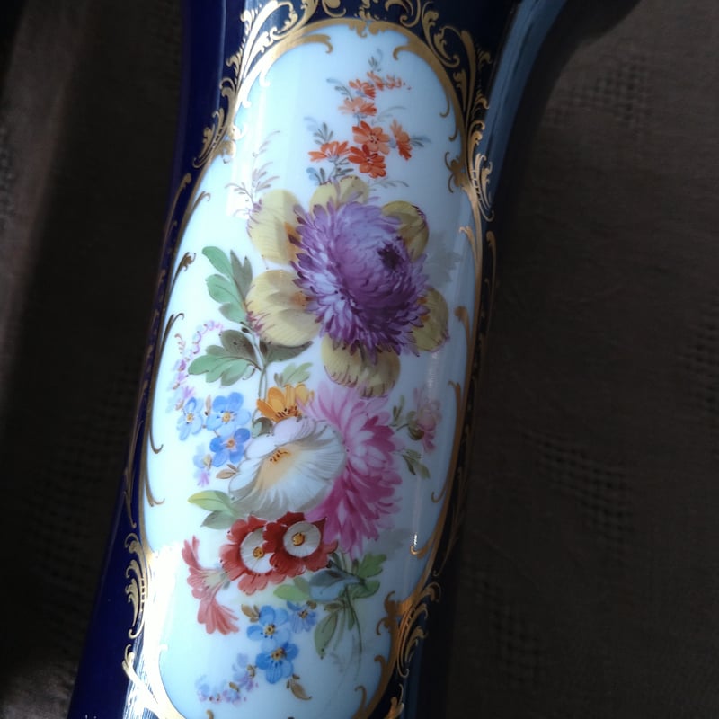 Meissenマイセン1924年以前のコバルト/2面にドイツフラワーの花瓶Vase