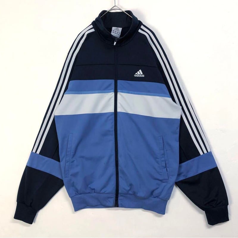 アディダス 刺繍 袖ライン 切替 トラックジャケット ジャージ 紺 青
