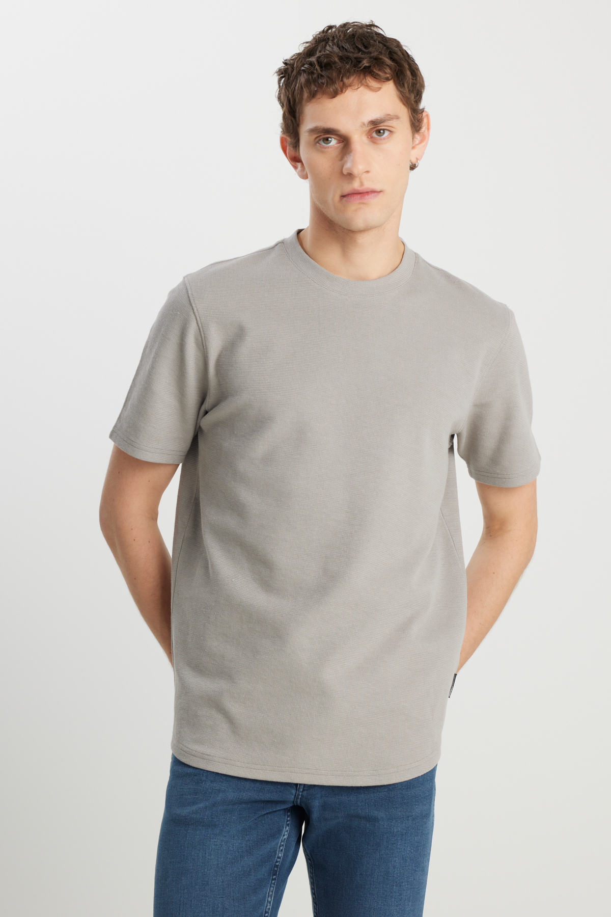 Relaxed Fit Geniş Kesim Bisiklet Yaka Bej Dokulu Basic Tişört