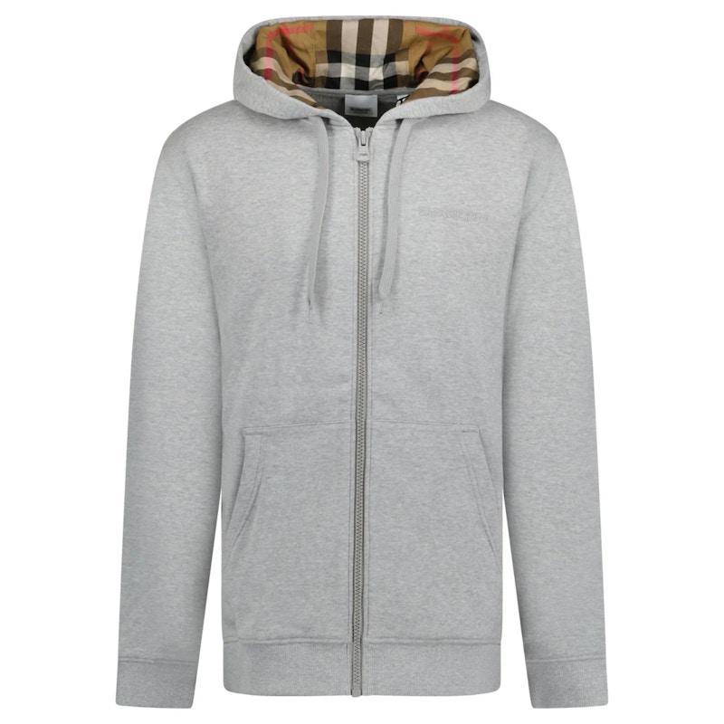 Burberry Hove Check Embroidery Logo Zip Hoodie Pale Grey Men's - US