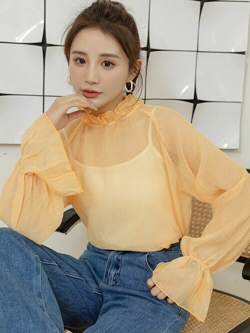 セール】レディース シースルーフリルハイネックブラウス（シャツ