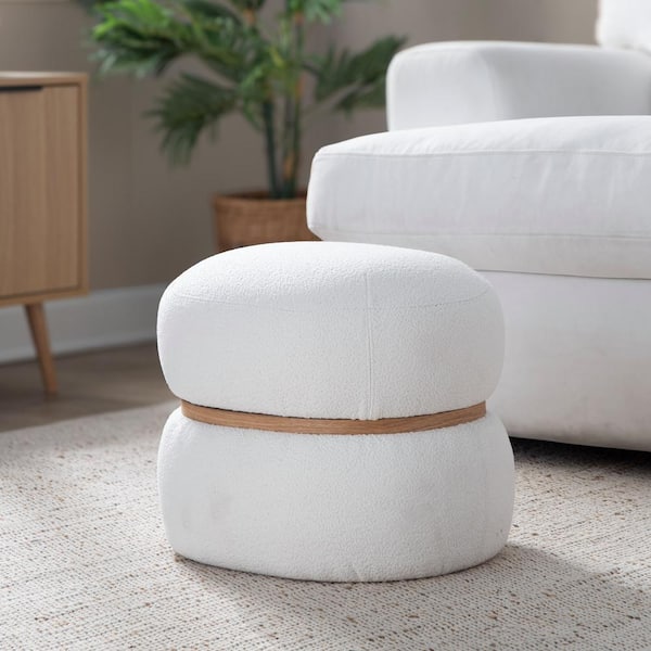 Lumisource Cinch Cream Fabric and Natural Wood Pouf Ottoman OT