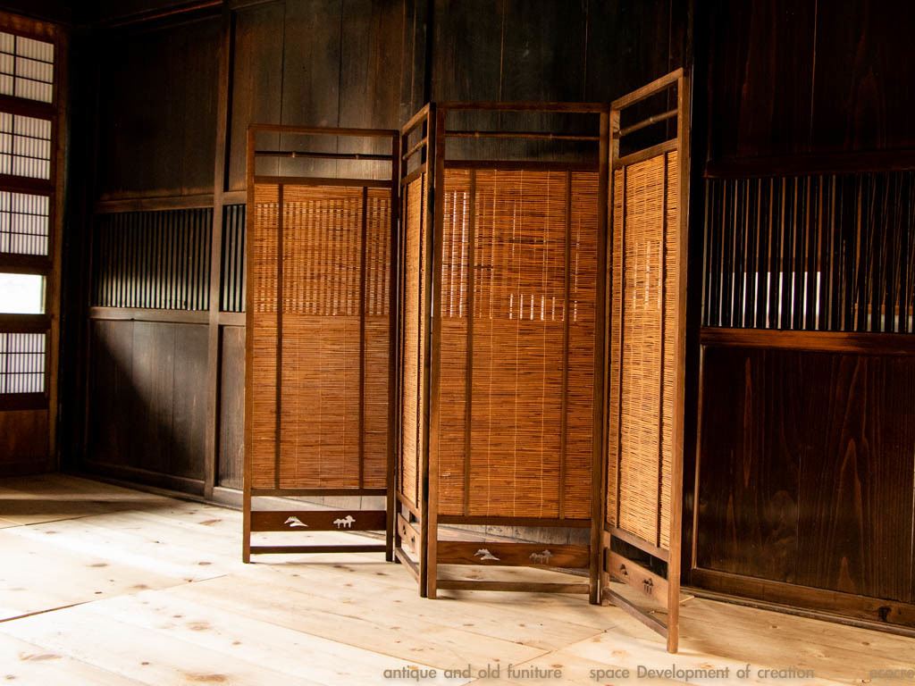 高級桑材枠×竹簾屏風衝立目隠し四つ折り透かし彫り古民家古道具