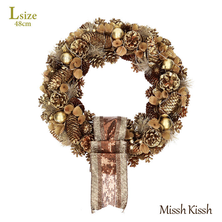 クリスマスリース 48cm ゴールド リボン まつぼっくり Lサイズ LED