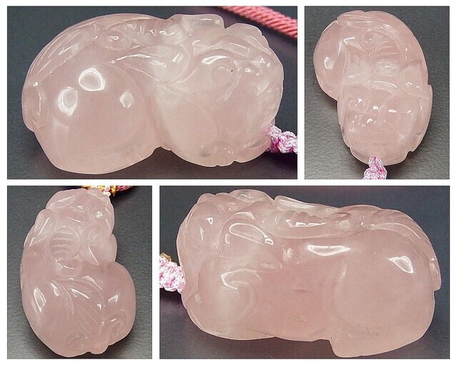 ローズクォーツ ヒキュウ 貔貅 手彫り 天然石 ピンク紐 ネックレス