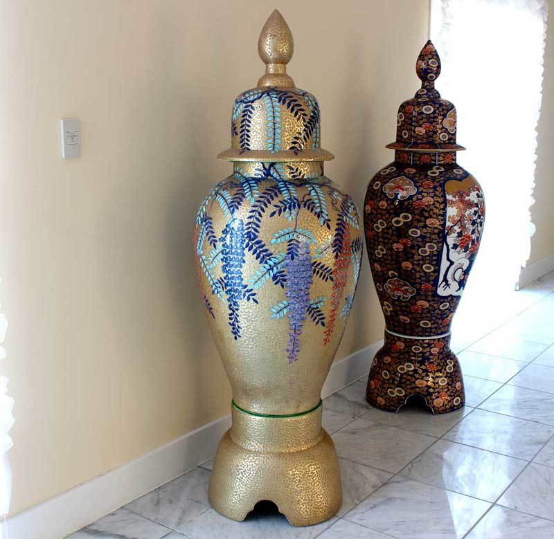 有田焼 陶芸家 藤井錦彩作】有田焼美術品 染錦黄金藤絵飾り特大沈香壺