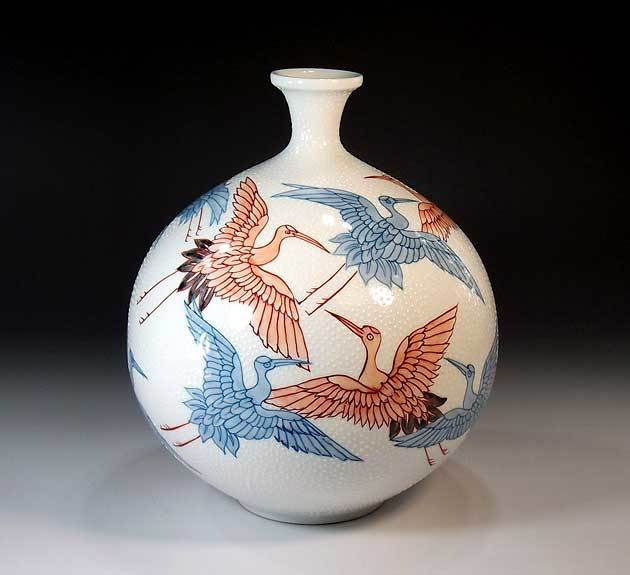 有田焼 陶芸家 藤井錦彩作】有田焼美術品 染錦群鶴絵飾り花瓶 文字入れ