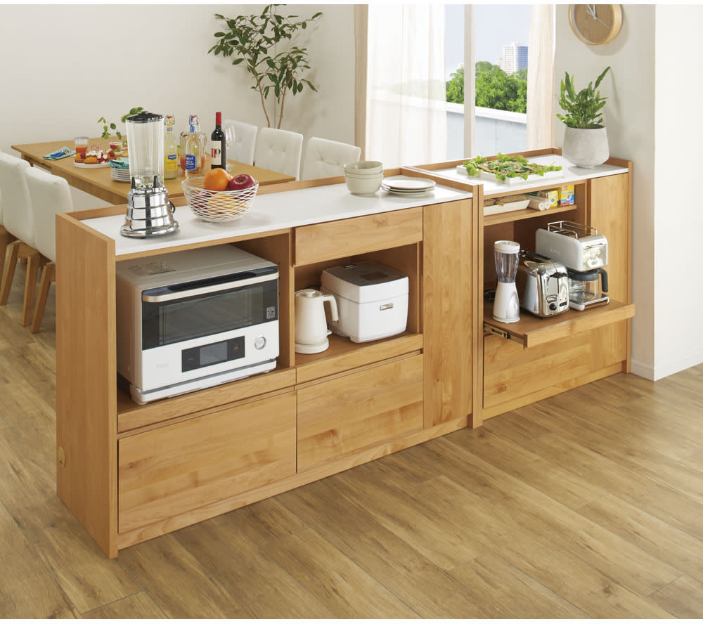 アルダー天然木人工大理石トップ 間仕切り家電収納キッチンカウンター