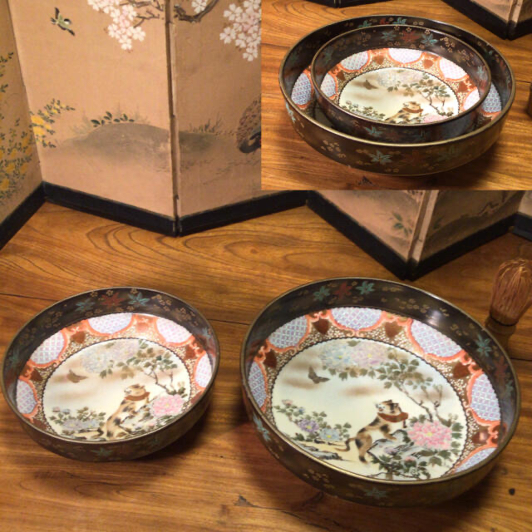 A315 名品 九谷焼 井出製 三毛猫 雲錦 牡丹蝶紋様 鉢 小 1客