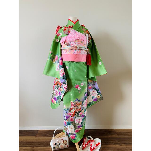 専用です アンティーク明るいピンクの着物に黄緑のだらり帯セット