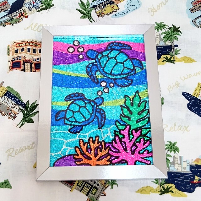 ☆ステンドグラス風ハワイアンフレーム☆〜ウミガメと珊瑚(2L版