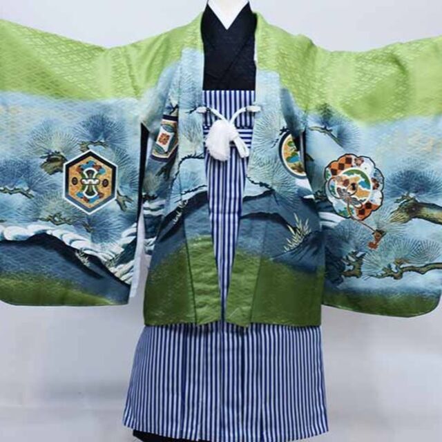 七五三 五歳 男児 羽織袴フルセット 緑地 鷹 縞袴 袴変更可能 NO37391