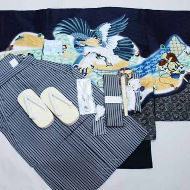 七五三 五歳 男児 羽織袴フルセット 濃紺地 縞袴 袴変更可能 NO37387の