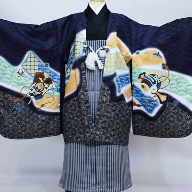 七五三 五歳 男児 羽織袴フルセット 濃紺地 縞袴 袴変更可能 NO37387の