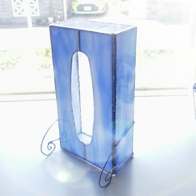 ステンドグラス アンティーク調 ティッシュボックス水色(現品限り)の