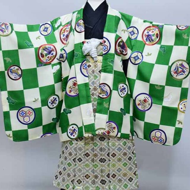 七五三 五歳 男児 羽織袴フルセット 緑地×白 袴変更可 NO37795の通販