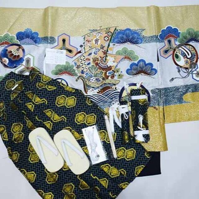 七五三 五歳 男児 羽織袴フルセット 黄土色 宝船 袴変更可 NO37790の