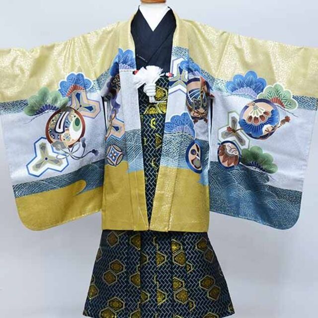 七五三 五歳 男児 羽織袴フルセット 黄土色 宝船 袴変更可 NO37790の