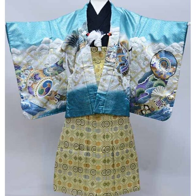 七五三 五歳 男児 羽織袴フルセット M寸 青緑 鷹 袴変更可 NO37752の