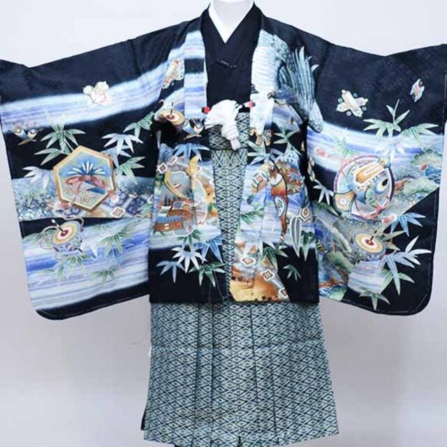 七五三 五歳 男児 羽織袴フルセット 金刺繍 黒地 鷹 袴変更可 NO37665