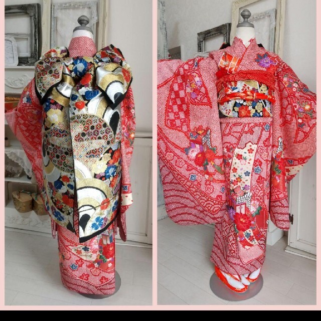 赤の鹿の子柄の着物にだらり帯の通販 by しの｜ラクマ