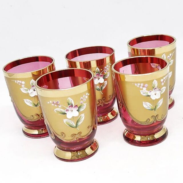 ヴェネチアングラス 金彩 レッド ガラス グラス 5個 ベネチアンガラス