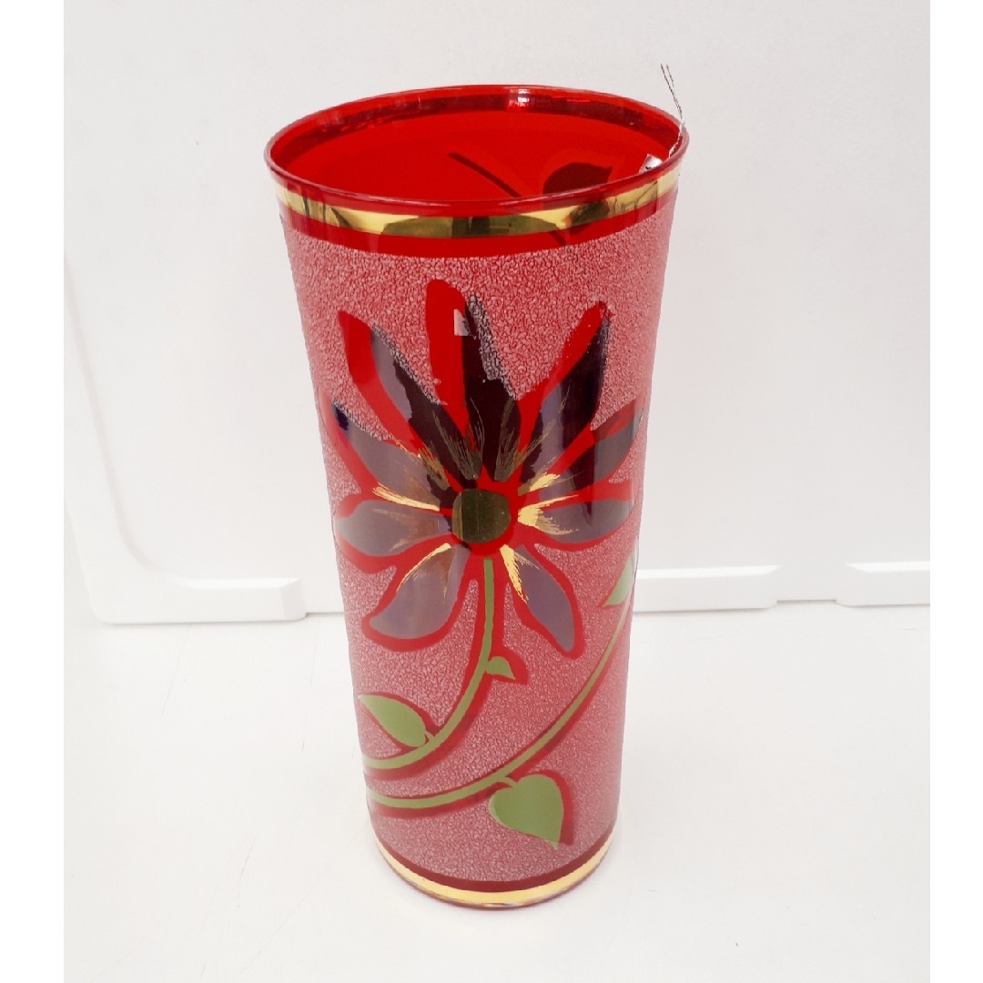 新品未使用 カメイガラス 円柱型 円筒型 花瓶 フラワーベース レッド